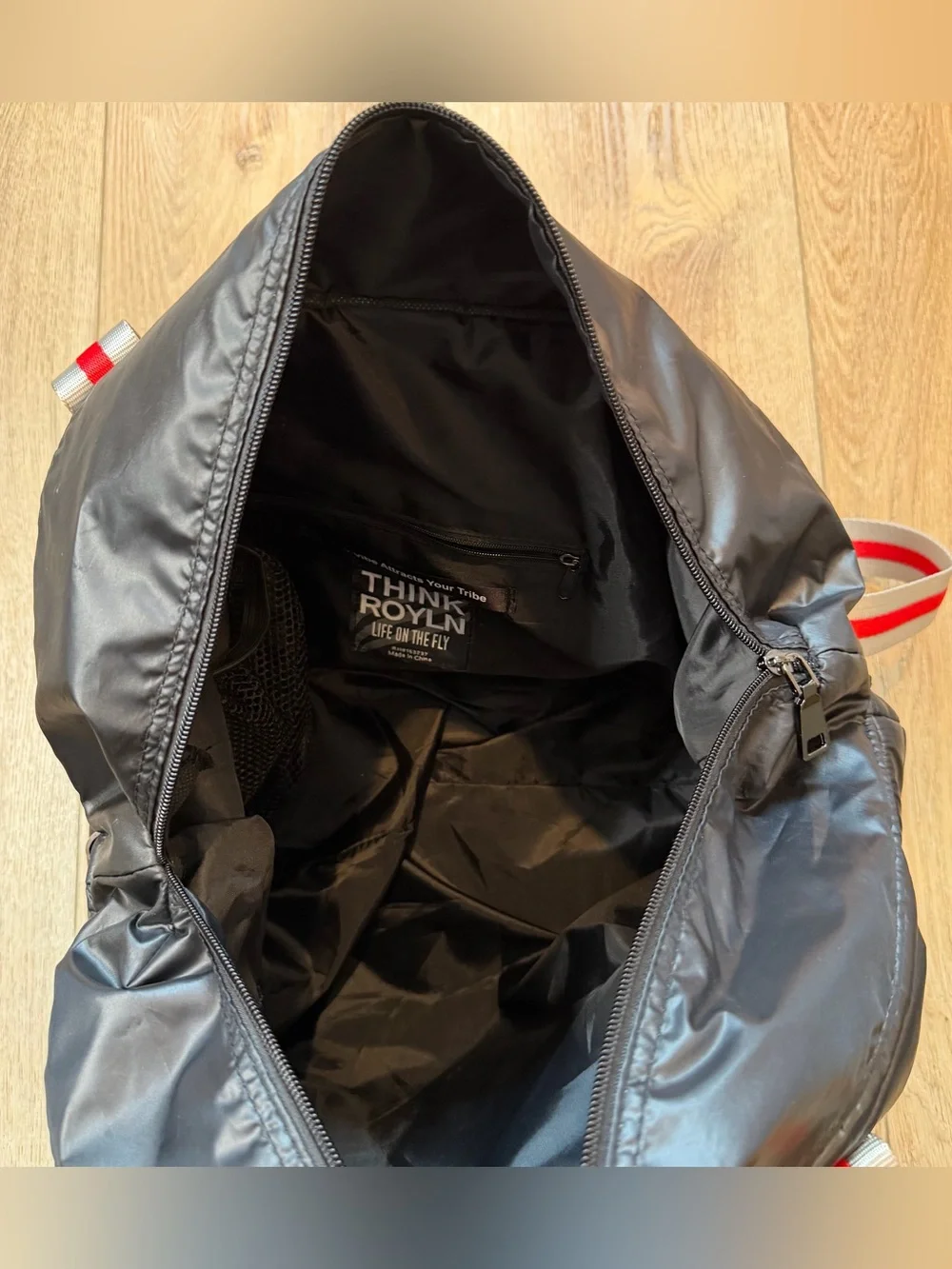 Think Royln Wingman Quilted Puffer Tote Black Red Silver Stripe